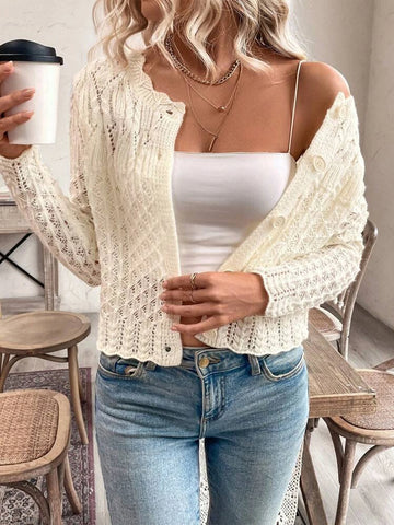 Spring and Autumn Women's Elegant Solid Color Round Neck Hollow Button Front Cardigan Sweater