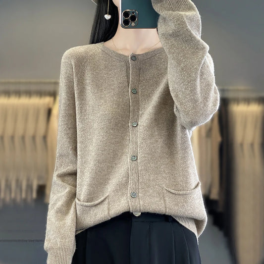Women's First-line Round Neck 100% Andy Velvet Knitted Double Pocket Sweater For Autumn And Winter Warm Loose Cardigan Soft Top