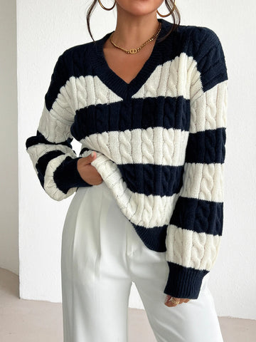 Autumn and winter new V-neck twisted flower pullover sweater for women's clothing