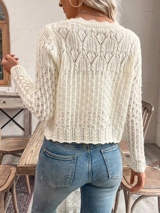Spring and Autumn Women's Elegant Solid Color Round Neck Hollow Button Front Cardigan Sweater