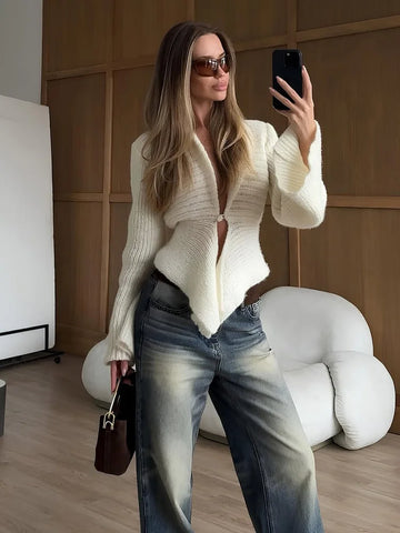 Tossy White Vintage Knit Sweater Cardigan For Women Hollow Out Loose Elegant Autumn 2025 Cover up Knitwear Female Cardigan Top