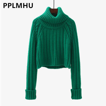 Green Cropped Sweater Winter Turtleneck Bottoming Pullover Tops Casual Long Sleeve Knitted Warm Jumper Korean Soft Sueters New