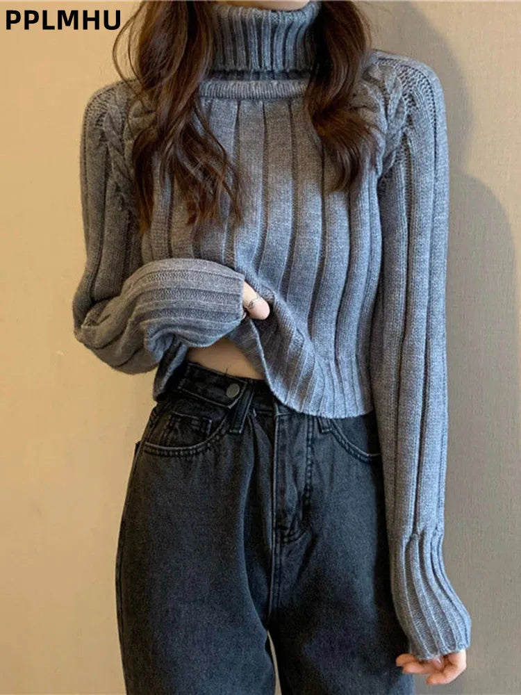 Turtleneck Fashion Warm Knitted Sweater Thickened Women's Casual Baggy Jumpers Short Loose Korean Soft Knitwear Pullovers Top