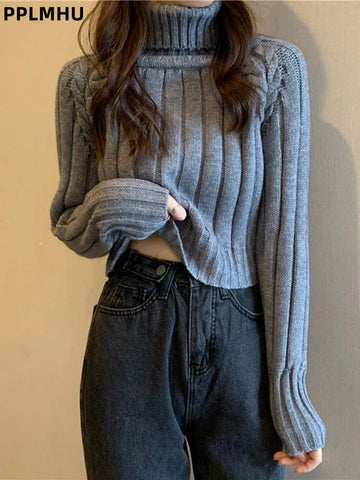 Turtleneck Fashion Warm Knitted Sweater Thickened Women's Casual Baggy Jumpers Short Loose Korean Soft Knitwear Pullovers Top
